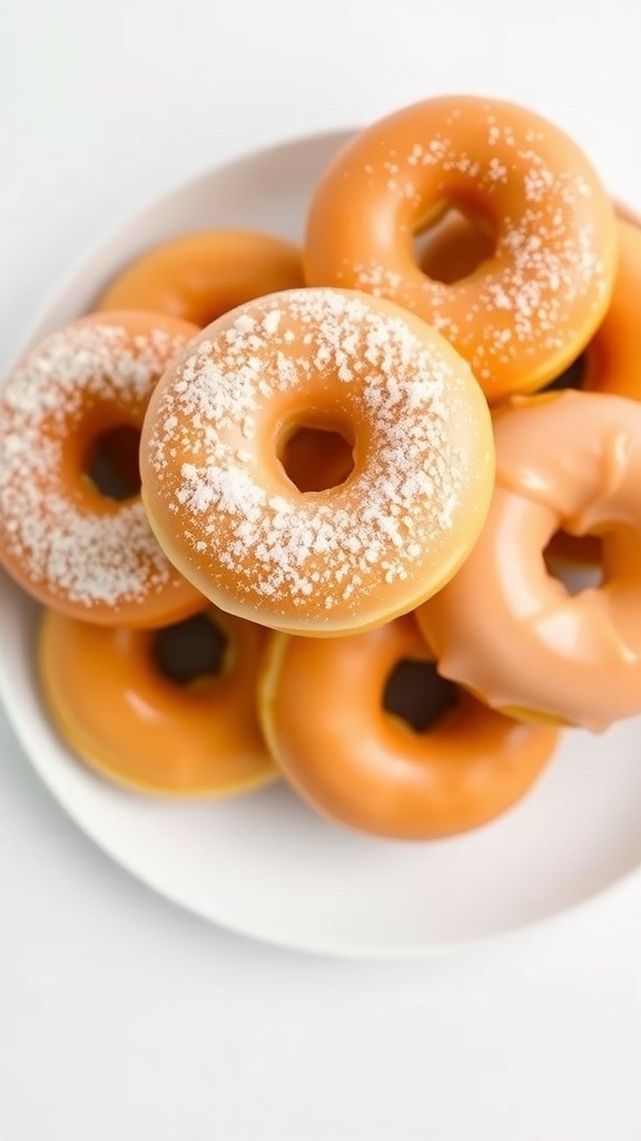 A plate of light donuts dusted with powdered sugar and glazed, on a minimalist white background.